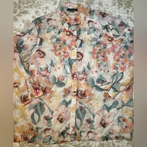 Ralph Lauren Green Label Floral Print Linen Button Down Shirt Tunic large XL - Picture 3 of 8